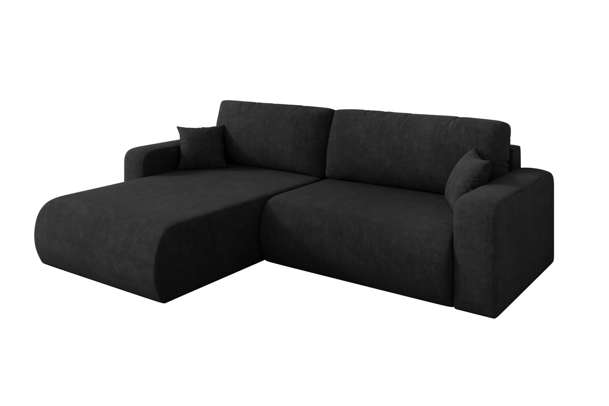 Narożnik BERY-L welur, Czarny - Dream Velvet 202.12 / Otomana z lewej / Z funkcją spania