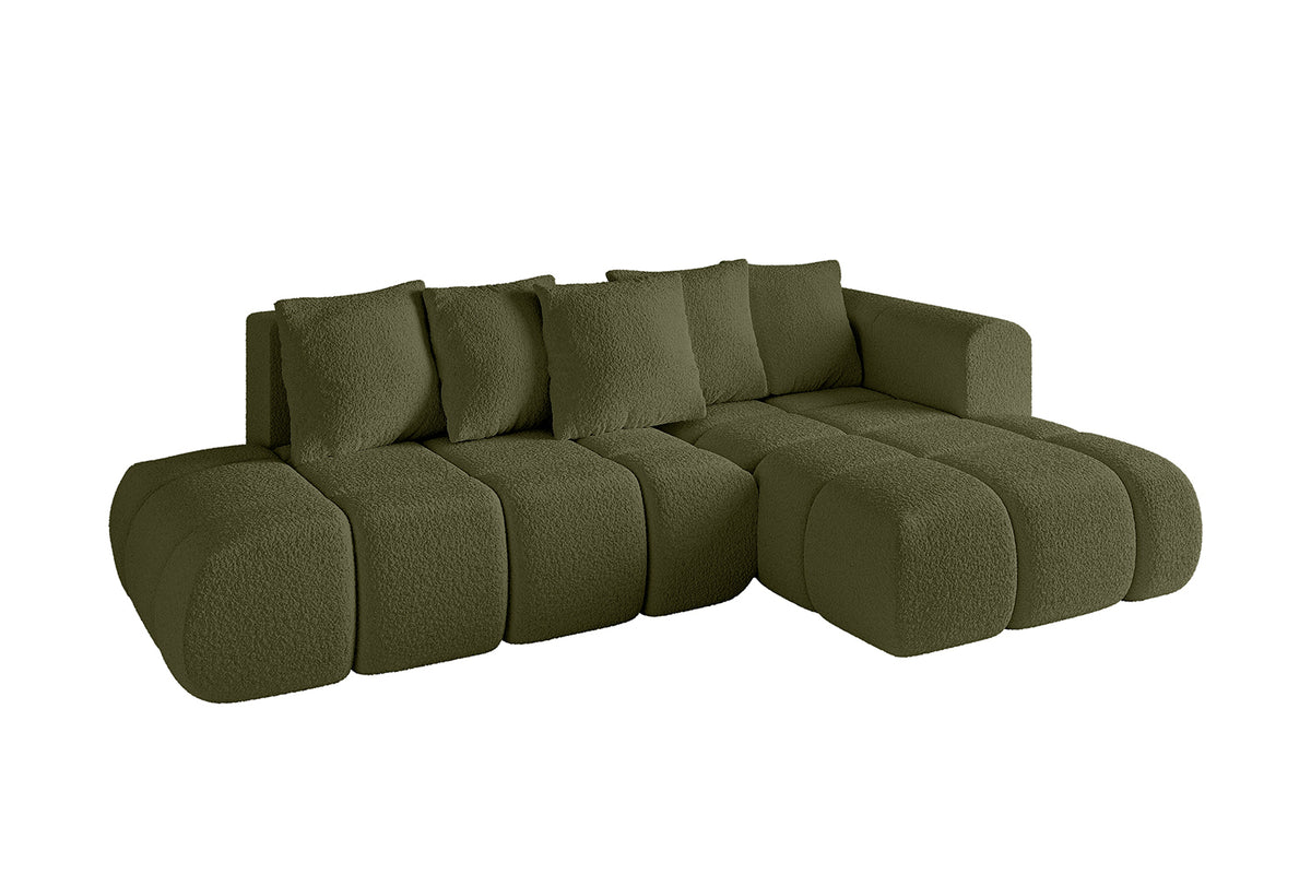 Narożnik CLOUD-L-v1 Bouclé, Zielony - Quelle 38 / Otomana z prawej / Z funkcją spania