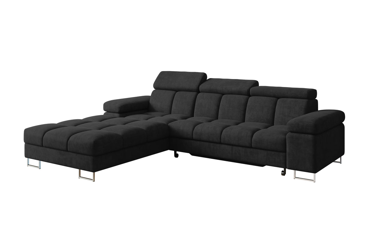 Narożnik COMA L welur, Czarny - Dream Velvet 202.12 / Otomana z lewej / Z funkcją spania