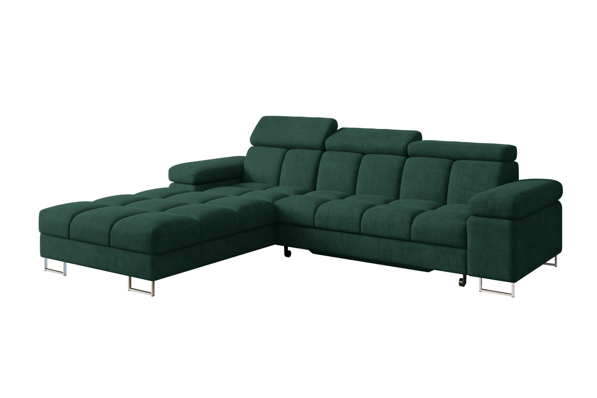 Narożnik COMA L welur, Zielony - Dream Velvet 202.31 / Otomana z lewej / Z funkcją spania