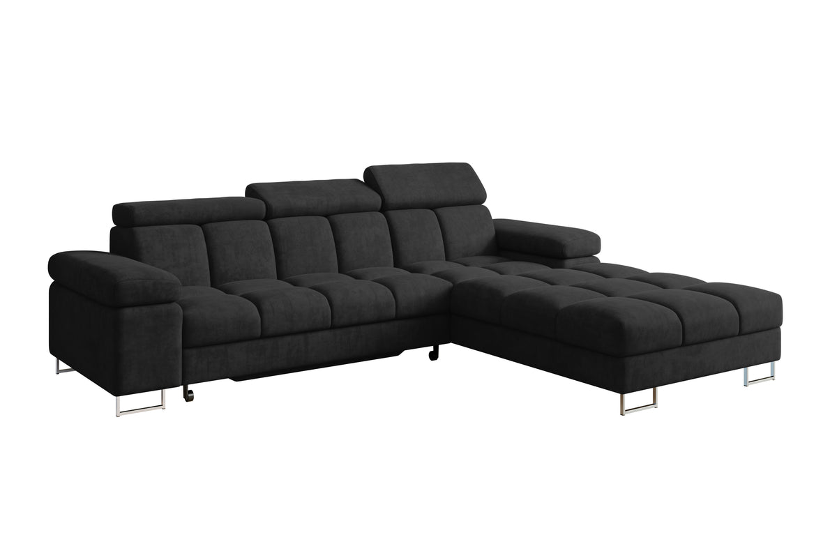 Narożnik COMA L welur, Czarny - Dream Velvet 202.12 / Otomana z prawej / Z funkcją spania