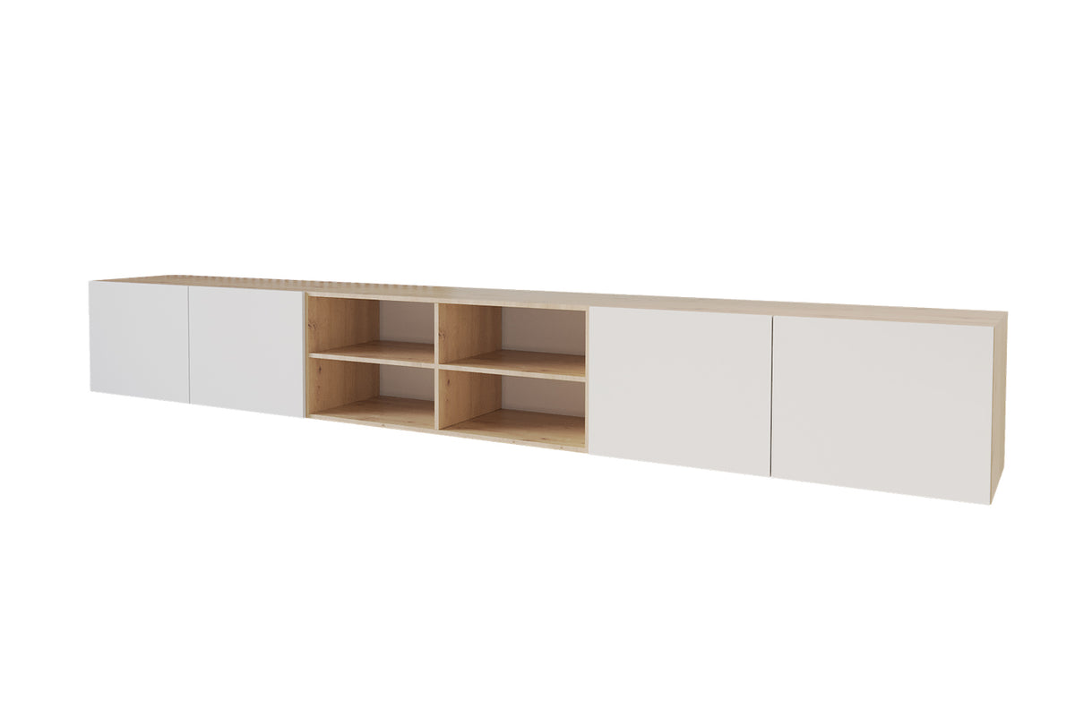 Szafka RTV ELIO 4 otwarta, Dąb Artisan/Biały / 300 cm / Wiszący