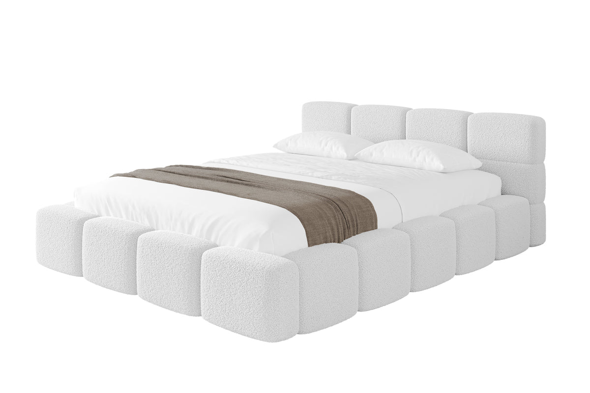Łóżko tapicerowane NATA-v1 Bouclé, Biały - Quelle 01 / 120x200 cm / Z materacem