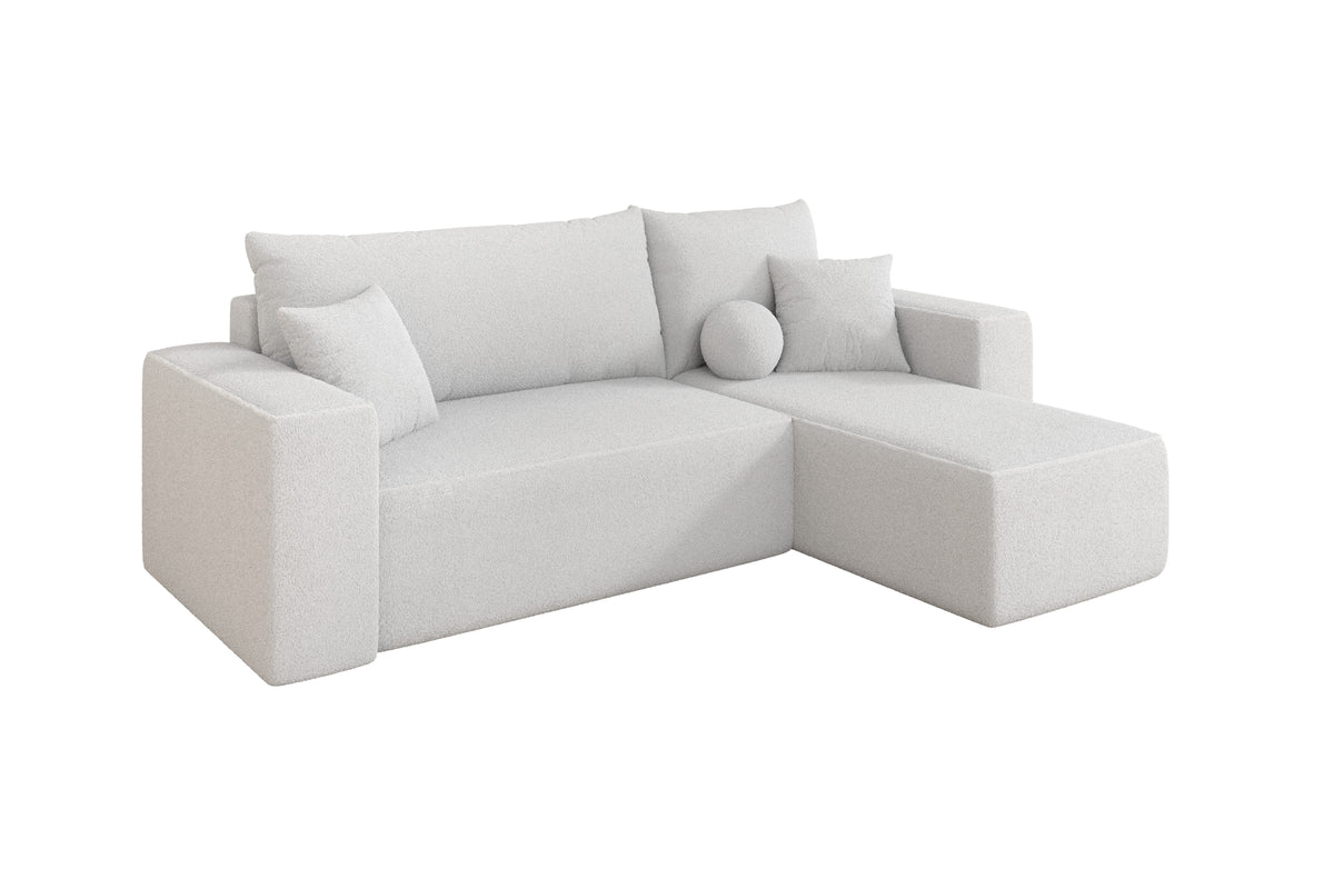 Ecksofa SENO-L Bouclé, Weiß - Quelle 01 / Ottomane Rechts / Mit Schlaffunktion
