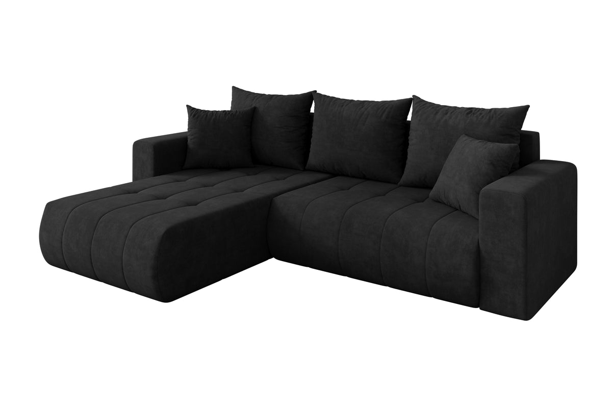 Narożnik MILA-L welur, Czarny - Dream Velvet 202.12 / Otomana z lewej / Z funkcją spania