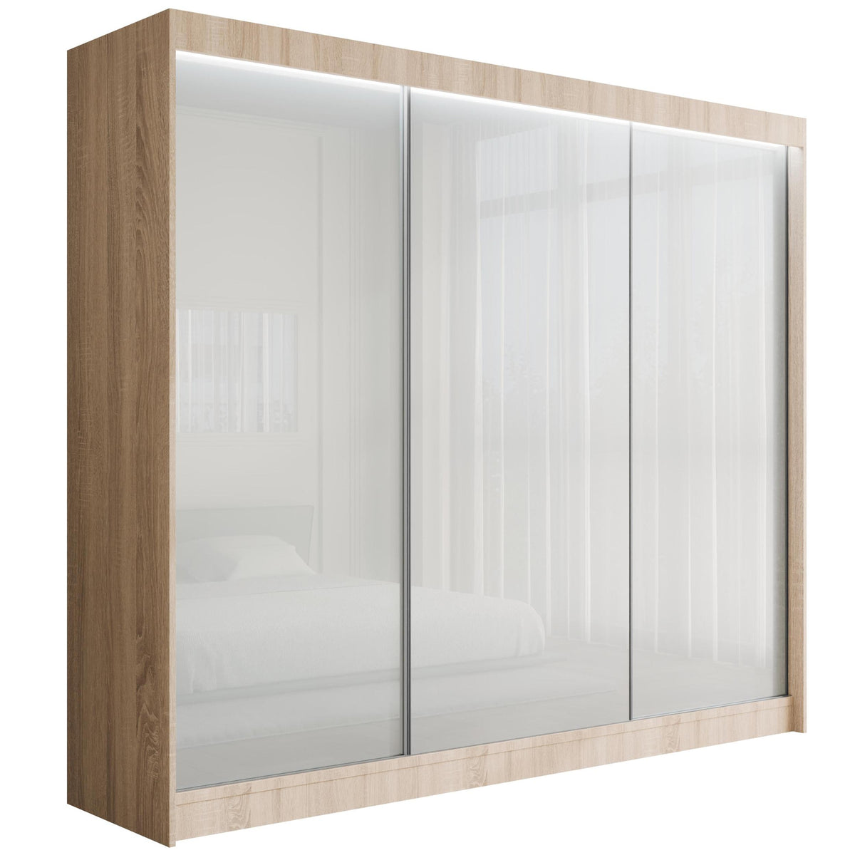 Szafa przesuwna PEKA, Sonoma/Biały Lacobel / 250 cm x 61 cm x 215 cm / Z LED