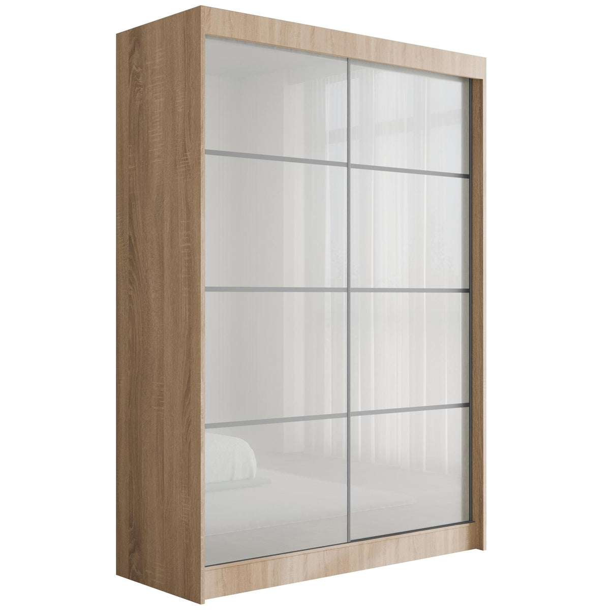 Szafa przesuwna PEKA3, Sonoma/Biały Lacobel / 120 cm x 61 cm x 215 cm / Bez LED