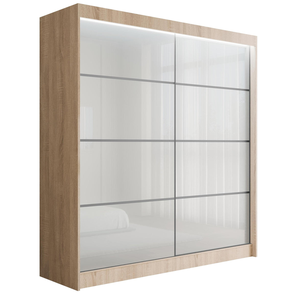 Szafa przesuwna PEKA3, Sonoma/Biały Lacobel / 200 cm x 61 cm x 215 cm / Z LED