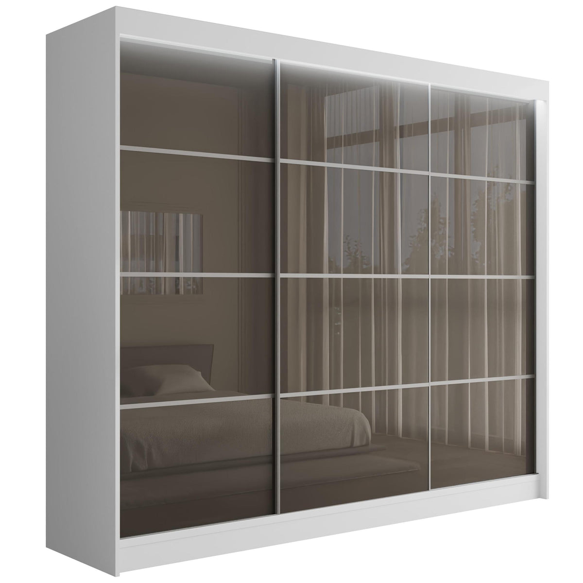 Szafa przesuwna PEKA3, Biały/Szary Lacobel / 250 cm x 61 cm x 215 cm / Z LED