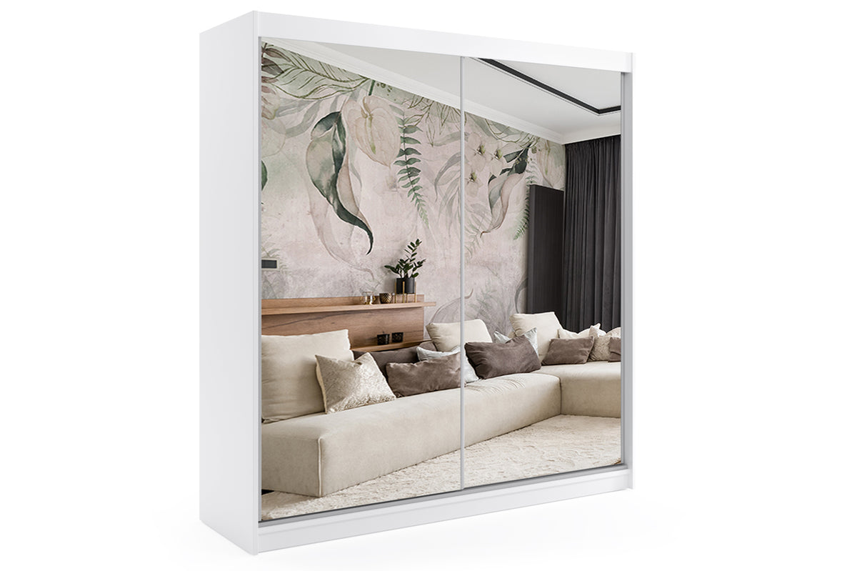 Schwebetürenschrank DEBI, Weiß / 200 cm x 61 cm x 216 cm / Mit LED