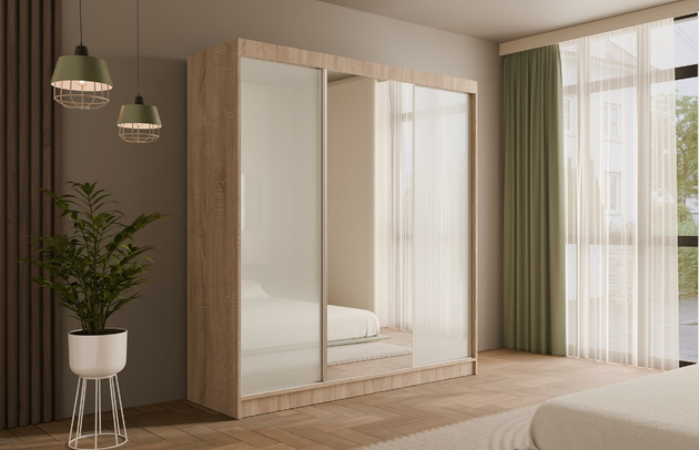 Höhe: 215 cm, Fachinnenmaß - Höhe: 35 cm, Zimmer: Schlafzimmer, Art der Griffe: Griffleiste, Front-Typ: Lacobel, Farbe: Eiche Sonoma + Weiß, Tiefe: 61 cm, Schubladeninnenmaß - Breite: 55 cm, Anzahl der Türen: 3, Anzahl der Spiegel: 1, Breite: 200 cm, Art der Türen: Schwebetüren, Schubladeninnenmaß - Höhe: 15 cm, Material der Rückwand: MDF, Schubladeninnenmaß - Tiefe: 40 cm, Länge der Kleiderstange 1: 78 cm, Länge der Kleiderstange 2: 78 cm, Anzahl der Fächer: 8, Fachinnenmaß - Breite: 36 cm, Fachinnenmaß 2 - Höhe: 58 cm, Fachinnenmaß 2 - Breite: 58 cm, Fachinnenmaß - Tiefe: 47 cm, Anzahl der Kleiderstangen: 2, Anzahl der Schubladen: 4, Länge der Kleiderstangen: 78 cm, Breite des Fachinnenmaßes: 58 cm, Breite des Fachinnenmaßes 2: 58 cm, Größe: 200 cm x 61 cm x 215 cm - 1