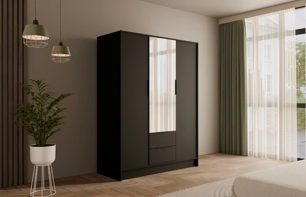 Material: Holzwerkstoff, Material der Rückwand: MDF, Farbe: Schwarz, Ausstattung: Mit Spiegel, Zimmer: Schlafzimmer, Anzahl der Türen: 3, Anzahl der Spiegel: 1, Anzahl der Kleiderstangen: 1, Anzahl der Fächer: 10, Anzahl der Schubladen: 2, Front-Typ: Glatt, Art der Griffe: Griffleiste, Art der Türen: Flügeltüren, Breite: 150 cm, Tiefe: 51 cm, Höhe: 200 cm, Länge der Kleiderstange 1: 46 cm, Fachinnenmaß - Höhe: 36 cm, Fachinnenmaß 2 - Höhe: 49 cm, Fachinnenmaß - Tiefe: 49 cm, Schubladeninnenmaß - Höhe: 15 cm, Schubladeninnenmaß - Tiefe: 40 cm, Schubladeninnenmaß - Breite: 45,5 cm, Größe: 150 cm x 51 cm x 200 cm - 1