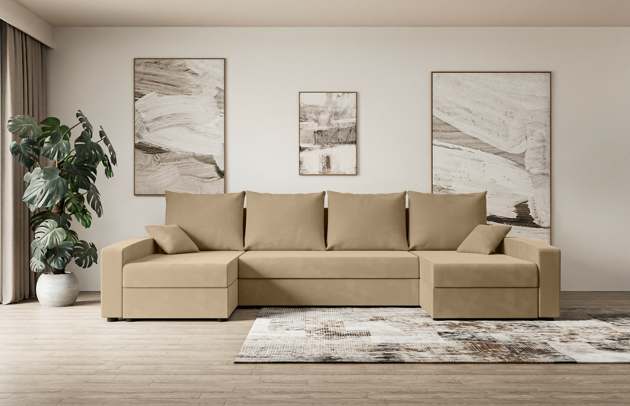 Bezug: Samt, Farbe: Beige - Kronos 35, Stellvariante: U-Form, Stoffbeschreibung: KRONOS: Scheuerfester (50.000 Martindale-Zyklen), flauschiger Möbelstoff mit weicher Plüschoberfläche, lichtecht (5), reibecht (4-5), pillingarm (4). Gewicht 275 g/m2 ±5%., Materialzusammensetzung: 100% Polyseter, Pilling Resistenz: 5, Abriebfestigkeit: 5, Scheuerbeständigkeit: 50000 Martindale-Zyklen, Ausstattung: Kissen, Zimmer: Wohnzimmer, Tiefe: 140 cm, Breite: 301 cm, Höhe: 90 cm, Länge der Schlaffläche: 271 cm, Breite der Schlaffläche: 120 cm, Liegehöhe: 40 cm, Anzahl der Sitzflächen: 6, Sitzfüllung: Wellenfeder + HR35 und T30-Schaum, Anzahl der Rückenkissen: 4, Art der Rückenkissen: Rückenkissen, Annzahl der Sitzkissen: 3, Anzahl der Zierkissen: 2, Material der Füße: Kunststoff, Höhe der Füße: 4,5 cm, Farbe der Füße: Schwarz, Tiefe der Armlehnen: 140 cm, Breite der Armlehnen: 15 cm, Höhe der Armlehnen: 50 cm, Breite der Ottomane: 70 cm, Tiefe der Ottomane: 125 cm, Tiefe der Sitzfläche: 70 cm, Sitzhöhe: 40 cm, Art des Stauraumes: Innenfach geschlossen, Schlaffunktion: Mit Schlaffunktion - 1
