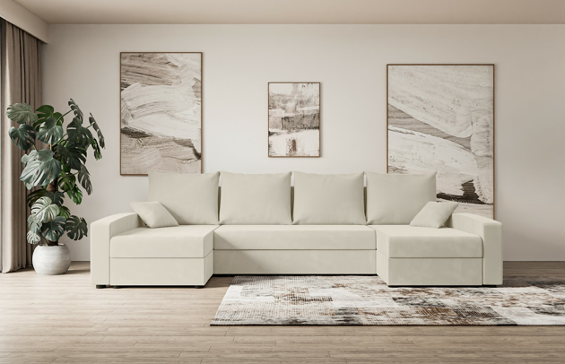 Bezug: Samt, Farbe: Beige - Paros 01, Stellvariante: U-Form, Stoffbeschreibung: PAROS ist ein sehr weicher Möbelstoff mit einer angenehmen Haptik. (50.000 Martindale-Zyklen) 100 % PES, pillingarm(4-5), reibecht(4-5), lichtecht(6|7), Gewicht 260 g/m² ±5 %, Materialzusammensetzung: 100% Polyseter, Pilling Resistenz: 5, Abriebfestigkeit: 5, Scheuerbeständigkeit: 50000 Martindale-Zyklen, Ausstattung: Kissen, Zimmer: Wohnzimmer, Tiefe: 140 cm, Breite: 301 cm, Höhe: 90 cm, Länge der Schlaffläche: 271 cm, Breite der Schlaffläche: 120 cm, Liegehöhe: 40 cm, Anzahl der Sitzflächen: 6, Sitzfüllung: Wellenfeder + HR35 und T30-Schaum, Anzahl der Rückenkissen: 4, Art der Rückenkissen: Rückenkissen, Annzahl der Sitzkissen: 3, Anzahl der Zierkissen: 2, Material der Füße: Kunststoff, Höhe der Füße: 4,5 cm, Farbe der Füße: Schwarz, Tiefe der Armlehnen: 140 cm, Breite der Armlehnen: 15 cm, Höhe der Armlehnen: 50 cm, Breite der Ottomane: 70 cm, Tiefe der Ottomane: 125 cm, Tiefe der Sitzfläche: 70 cm, Sitzhöhe: 40 cm, Art des Stauraumes: Innenfach geschlossen, Schlaffunktion: Mit Schlaffunktion - 1