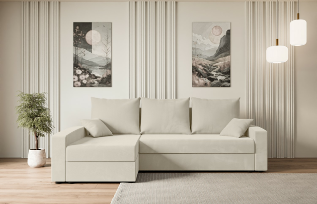 Bezug: Samt, Stellvariante: Ottomane Links, Farbe: Beige - Paros 01, Stoffbeschreibung: PAROS ist ein sehr weicher Möbelstoff mit einer angenehmen Haptik. (50.000 Martindale-Zyklen) 100 % PES, pillingarm(4-5), reibecht(4-5), lichtecht(6|7), Gewicht 260 g/m² ±5 %, Materialzusammensetzung: 100% Polyseter, Pilling Resistenz: 5, Abriebfestigkeit: 5, Scheuerbeständigkeit: 50000 Martindale-Zyklen, Zimmer: Wohnzimmer, Tiefe: 140 cm, Breite: 231 cm, Höhe: 90 cm, Länge der Schlaffläche: 201 cm, Breite der Schlaffläche: 120 cm, Liegehöhe: 40 cm, Anzahl der Sitzflächen: 4, Anzahl der Rückenkissen: 3, Art der Rückenkissen: Rückenkissen, Annzahl der Sitzkissen: 2, Anzahl der Zierkissen: 2, Material der Füße: Kunststoff, Höhe der Füße: 4,5 cm, Farbe der Füße: Schwarz, Tiefe der Armlehnen: 85 cm, Breite der Armlehnen: 15 cm, Höhe der Armlehnen: 50 cm, Breite der Ottomane: 70 cm, Tiefe der Ottomane: 125 cm, Tiefe der Sitzfläche: 70 cm, Sitzhöhe: 40 cm, Art des Stauraumes: Innenfach geschlossen, Schlaffunktion: Mit Schlaffunktion - 1