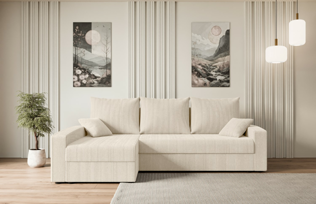 Bezug: Cord, Stellvariante: Ottomane Links, Farbe: Beige - Poso 105, Stoffbeschreibung: POSO ist ein angenehm anzufühlender Velours mit Kordstruktur (35000 MartindaleZyklen) und leicht zu reinigender Möbellstoff, lichtecht (5) und pillingarm (5), Gewicht 380 g/m2 ±5%, Materialzusammensetzung: 90% Polyseter, 10% Nylon, Pilling Resistenz: 5, Abriebfestigkeit: 5, Scheuerbeständigkeit: 30000 Martindale-Zyklen, Zimmer: Wohnzimmer, Tiefe: 140 cm, Breite: 231 cm, Höhe: 90 cm, Länge der Schlaffläche: 201 cm, Breite der Schlaffläche: 120 cm, Liegehöhe: 40 cm, Anzahl der Sitzflächen: 4, Anzahl der Rückenkissen: 3, Art der Rückenkissen: Rückenkissen, Annzahl der Sitzkissen: 2, Anzahl der Zierkissen: 2, Material der Füße: Kunststoff, Höhe der Füße: 4,5 cm, Farbe der Füße: Schwarz, Tiefe der Armlehnen: 85 cm, Breite der Armlehnen: 15 cm, Höhe der Armlehnen: 50 cm, Breite der Ottomane: 70 cm, Tiefe der Ottomane: 125 cm, Tiefe der Sitzfläche: 70 cm, Sitzhöhe: 40 cm, Art des Stauraumes: Innenfach geschlossen, Schlaffunktion: Mit Schlaffunktion - 1