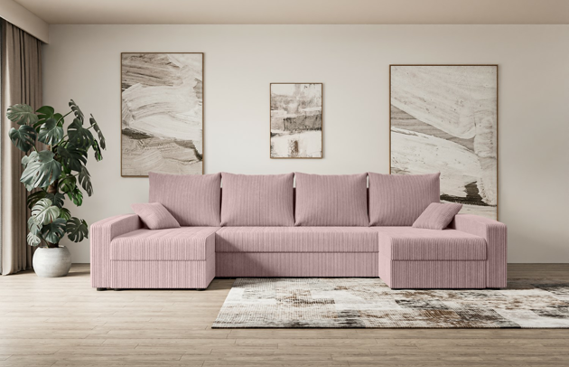 Bezug: Cord, Farbe: Rosa - Poso 145, Stellvariante: U-Form, Stoffbeschreibung: POSO ist ein angenehm anzufühlender Velours mit Kordstruktur (35000 MartindaleZyklen) und leicht zu reinigender Möbellstoff, lichtecht (5) und pillingarm (5), Gewicht 380 g/m2 ±5%, Materialzusammensetzung: 90% Polyseter, 10% Nylon, Pilling Resistenz: 5, Abriebfestigkeit: 5, Scheuerbeständigkeit: 30000 MartindaleZyklen, Ausstattung: Kissen, Zimmer: Wohnzimmer, Tiefe: 140 cm, Breite: 301 cm, Höhe: 90 cm, Länge der Schlaffläche: 271 cm, Breite der Schlaffläche: 120 cm, Liegehöhe: 40 cm, Anzahl der Sitzflächen: 6, Anzahl der Rückenkissen: 4, Art der Rückenkissen: Rückenkissen, Annzahl der Sitzkissen: 3, Anzahl der Zierkissen: 2, Material der Füße: Kunststoff, Höhe der Füße: 4,5 cm, Farbe der Füße: Schwarz, Tiefe der Armlehnen: 140 cm, Breite der Armlehnen: 15 cm, Höhe der Armlehnen: 50 cm, Breite der Ottomane: 70 cm, Tiefe der Ottomane: 125 cm, Tiefe der Sitzfläche: 70 cm, Sitzhöhe: 40 cm, Art des Stauraumes: Innenfach geschlossen, Schlaffunktion: Mit Schlaffunktion - 1