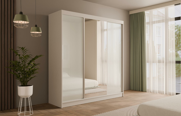 Höhe: 215 cm, Fachinnenmaß - Höhe: 35 cm, Zimmer: Schlafzimmer, Art der Griffe: Griffleiste, Front-Typ: Lacobel, Farbe: Weiß, Tiefe: 61 cm, Schubladeninnenmaß - Breite: 55 cm, Anzahl der Türen: 3, Anzahl der Spiegel: 1, Breite: 200 cm, Art der Türen: Schwebetüren, Schubladeninnenmaß - Höhe: 15 cm, Material der Rückwand: MDF, Schubladeninnenmaß - Tiefe: 40 cm, Länge der Kleiderstange 1: 78 cm, Länge der Kleiderstange 2: 78 cm, Anzahl der Fächer: 8, Fachinnenmaß - Breite: 36 cm, Fachinnenmaß 2 - Höhe: 58 cm, Fachinnenmaß 2 - Breite: 58 cm, Fachinnenmaß - Tiefe: 47 cm, Anzahl der Kleiderstangen: 2, Anzahl der Schubladen: 4, Länge der Kleiderstangen: 78 cm, Breite des Fachinnenmaßes: 58 cm, Breite des Fachinnenmaßes 2: 58 cm, Größe: 200 cm x 61 cm x 215 cm - 1