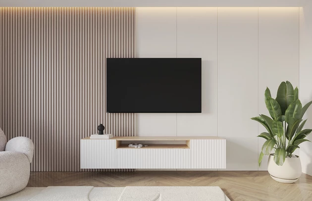 Material: Holzwerkstoff, Material der Rückwand: MDF, Ausführung: Hängend, Größe: 200 cm, Farbe: Artisan und Weiß, Zimmer: Wohnzimmer, Anzahl der Türen: 3, Front-Typ: Gefräste, Art der Griffe: Griffleiste, Art der Türen: Klapptür, Breite: 200 cm, Tiefe: 41 cm, Höhe: 40 cm, Geschlossene Fächer: 3, Offene Fächer: 1, Anzahl der Teile: 1 - 1