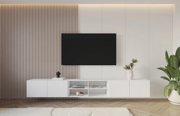 Material: Holzwerkstoff, Material der Rückwand: MDF, Ausführung: Hängend, Größe: 3 x 100 cm, Farbe: Weiß, Zimmer: Wohnzimmer, Anzahl der Türen: 4, Front-Typ: Gefräste, Art der Griffe: Griffleiste, Art der Türen: Klapptür, Breite: 300 cm, Tiefe: 40 cm, Höhe: 40 cm, Geschlossene Fächer: 8, Offene Fächer: 4, Anzahl der Teile: 3 - 1