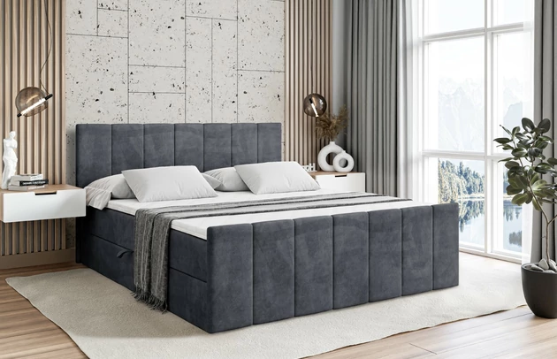 Stoffbeschreibung: Polsterstoff Casablanca: „Pet-friendly“, leicht zu reinigen (CleanBOO+), wasserabweisend mit Lotuseffekt, scheuerfest (45.000 Martindale- Zyklen), Gewicht 310g/m2 ±5 %, Bezug: Samt, Farbe: Dunkelgrau - Casablanca 2315, Zimmer: Schlafzimmer, Länge: 212 cm, Breite: 180 cm, Höhe: 105 cm, Größe: 180x200 cm, Länge der Schlaffläche: 200 cm, Breite der Schlaffläche: 180 cm, Liegehöhe: 55 cm, Höhe der Matratze: 20 cm, Matratze: Bonellfederung, Farbe des Toppers: Weiß, Höhe des Toppers: 5 cm, Material des Toppers: Schaumstoff, Bettkasten: Ja, Anzahl der Bettkasten: 2, Höhe des Bettkastens: 30 cm, Höhe des Kopfteils: 105 cm, Material der Füße: Plastik, Höhe der Füße: 2 cm, Dicke des Kopfteils: 8 cm, Dicke des Fußteils: 7 cm, Gepolsterte Rückseite: Nein, Härtegrad der Matratze: H3 - 1
