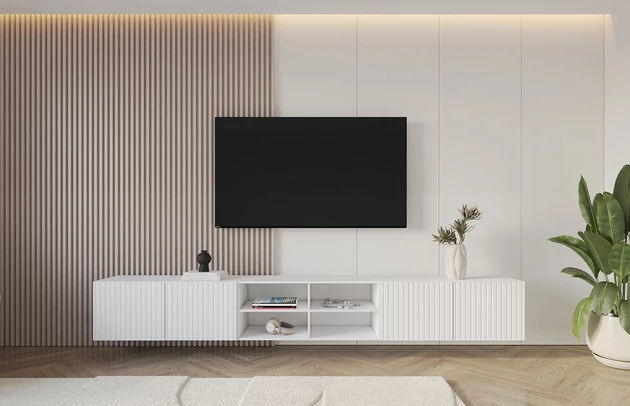 Material: Holzwerkstoff, Material der Rückwand: MDF, Ausführung: Hängend, Größe: 3 x 100 cm, Farbe: Weiß, Zimmer: Wohnzimmer, Anzahl der Türen: 4, Front-Typ: Gefräste, Art der Griffe: Griffleiste, Art der Türen: Klapptür, Breite: 300 cm, Tiefe: 40 cm, Höhe: 40 cm, Geschlossene Fächer: 8, Offene Fächer: 4, Anzahl der Teile: 3 - 1