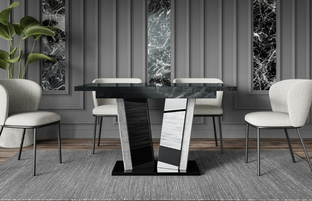 Zimmer: Esszimmer, Art der Erweiterung: Einlegeplatte, Ausgeklappter Tisch: 160 cm, Art des Gestells: V-Gestell, Oberflächenoptik: Glänzend, Farbe der Tischplatte: Schwarz, Form: rechteckig, Erweiterungselemente: 1, Dicke der Tischplatte: 3,2 cm, Breite der Tischplatte: 120 cm, Anzahl der Beine: 1, Material der Gestells: Holzwerkstoff, Farbe: Hochglanz Schwarz / Betonoptik, Farbe des Gestells: Schwarz Grau, Breite: 120 cm, Tiefe: 80 cm, Höhe: 75 cm, Art des Erweiterungs: Einlegeplatte, Material des Gestells: Holzwerkstoff - 1