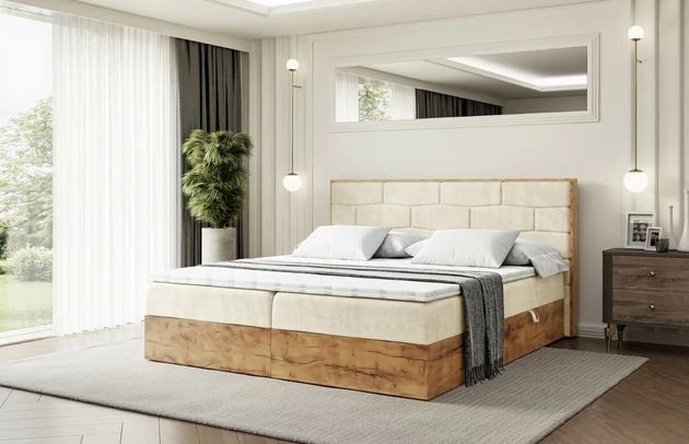 Bezug: Samt, Farbe: Beige - Monolith 4, Zimmer: Schlafzimmer, Länge: 210 cm, Breite: 211 cm, Höhe: 105 cm, Größe: 200x200 cm, Liegehöhe: 50 cm, Matratze: Bonellfederung, Bettkasten: Ja, Gepolsterte Rückseite: Nein, Härtegrad der Matratze: H3, Länge der Schlaffläche: 200 cm, Breite der Schlaffläche: 200 cm, Stoffbeschreibung: Polsterstoff Monolith: Wasserabweisender und leicht zu reinigender Möbelstoff, scheuerfest (100.000 Martindale-Zyklen) lichtecht (5) und pillingarm (4-5), aus 100 % PES, Höhe der Matratze: 20 cm, Farbe des Toppers: Weiß, Höhe des Toppers: 5 cm, Material des Toppers: Schaumstoff, Anzahl der Bettkasten: 2, Höhe der Bettkasten: 25 cm, Höhe des Kopfteils: 105 cm, Material der Füße: Plastik, Höhe der Füße: 2 cm, Dicke des Kopfteils: 8 cm, Dicke des Fußteils: 7 cm - 1