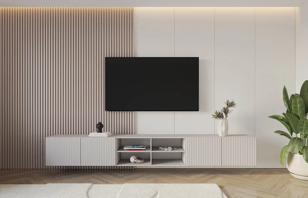 Material: Holzwerkstoff, Material der Rückwand: MDF, Ausführung: Hängend, Größe: 3 x 100 cm, Farbe: Kaschmir, Zimmer: Wohnzimmer, Anzahl der Türen: 4, Front-Typ: Gefräste, Art der Griffe: Griffleiste, Art der Türen: Klapptür, Breite: 300 cm, Tiefe: 40 cm, Höhe: 40 cm, Geschlossene Fächer: 8, Offene Fächer: 4, Anzahl der Teile: 3 - 1