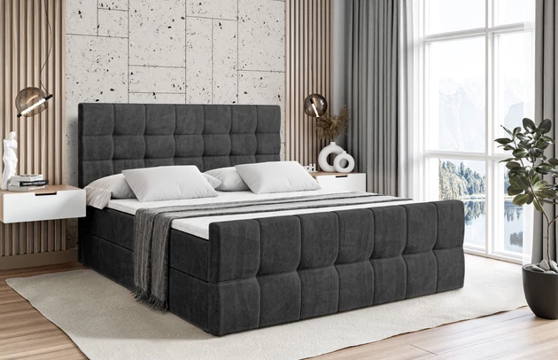 Höhe: 110 cm, Stoffbeschreibung: Polsterstoff Casablanca: „Pet-friendly“, leicht zu reinigen (CleanBOO+), wasserabweisend mit Lotuseffekt, scheuerfest (45.000 Martindale- Zyklen), Gewicht 310g/m2 ±5 %, Höhe des Kopfteils: 110 cm, Bezug: Samt, Farbe: Grau - Casablanca 2314, Zimmer: Schlafzimmer, Länge: 207 cm, Breite: 200 cm, Größe: 200x200 cm, Länge der Schlaffläche: 200 cm, Breite der Schlaffläche: 200 cm, Liegehöhe: 55 cm, Höhe der Matratze: 20 cm, Matratze: Bonellfederung, Farbe des Toppers: Weiß, Höhe des Toppers: 5 cm, Material des Toppers: Schaumstoff, Bettkasten: Ja, Anzahl der Bettkasten: 2, Höhe des Bettkastens: 30 cm, Material der Füße: Plastik, Höhe der Füße: 2 cm, Dicke des Kopfteils: 8 cm, Dicke des Fußteils: 7 cm, Gepolsterte Rückseite: Nein, Härtegrad der Matratze: H3, Material: Holz - 1