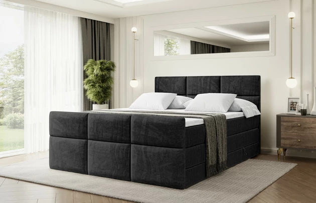 Stoffbeschreibung: Polsterstoff Casablanca: „Pet-friendly“, leicht zu reinigen (CleanBOO+), wasserabweisend mit Lotuseffekt, scheuerfest (45.000 Martindale- Zyklen), Gewicht 310g/m2 ±5 %, Bezug: Samt, Farbe: Schwarz - Casablanca 2316, Zimmer: Schlafzimmer, Länge: 215 cm, Breite: 120 cm, Höhe: 115 cm, Größe: 120x200 cm, Länge der Schlaffläche: 200 cm, Breite der Schlaffläche: 120 cm, Liegehöhe: 73 cm, Härtegrad der Matratze: H3 und H4, Höhe der Matratze: 38 cm, Matratze: Multipocketfederung und Bonellfederung, Farbe des Toppers: Weiß, Höhe des Toppers: 5 cm, Material des Toppers: Schaumstoff, Bettkasten: Ja, Anzahl der Bettkasten: 2, Höhe des Bettkastens: 30 cm, Höhe des Kopfteils: 115 cm, Material der Füße: Plastik, Höhe der Füße: 2 cm, Dicke des Kopfteils: 8 cm, Dicke des Fußteils: 7 cm, Gepolsterte Rückseite: Nein - 1