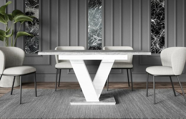 Zimmer: Esszimmer, Breite der Tischplatte: 120 cm, Ausgeklappter Tisch: 160 cm, Art des Gestells: V-Gestell, Form: rechteckig, Farbe der Tischplatte: Grau, Art der Erweiterung: Einlegeplatte, Oberflächenoptik: Betonoptik, Dicke der Tischplatte: 3,2 cm, Erweiterungselemente: 1, Anzahl der Beine: 1, Material der Gestells: Holzwerkstoff, Farbe: Betonoptik / Hochglanz Weiß, Farbe des Gestells: Weiß, Breite: 160 cm, Tiefe: 80 cm, Höhe: 75 cm, Art des Erweiterungs: Einlegeplatte, Material des Gestells: Holzwerkstoff - 1