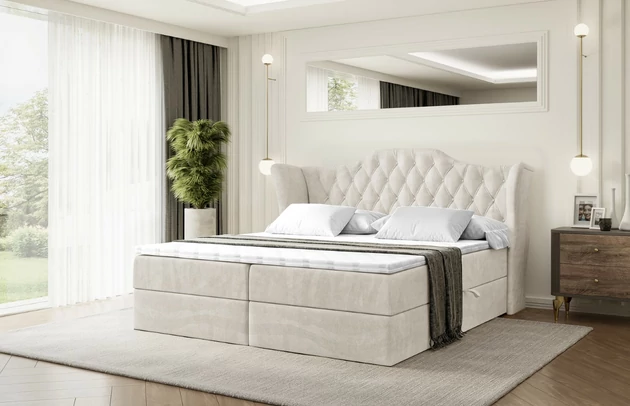 Stoffbeschreibung: Polsterstoff Casablanca: „Pet-friendly“, leicht zu reinigen (CleanBOO+), wasserabweisend mit Lotuseffekt, scheuerfest (45.000 Martindale- Zyklen), Gewicht 310g/m2 ±5 %, Bezug: Samt, Farbe: Beige - Casablanca 2301, Zimmer: Schlafzimmer, Länge: 207 cm, Breite: 120 cm, Höhe: 105 cm, Größe: 120x200 cm, Länge der Schlaffläche: 200 cm, Breite der Schlaffläche: 120 cm, Liegehöhe: 55 cm, Höhe der Matratze: 20 cm, Matratze: Bonellfederung, Farbe des Toppers: Weiß, Höhe des Toppers: 5 cm, Material des Toppers: Schaumstoff, Bettkasten: Ja, Anzahl der Bettkasten: 2, Höhe des Bettkastens: 30 cm, Höhe des Kopfteils: 105 cm, Material der Füße: Plastik, Höhe der Füße: 2 cm, Dicke des Kopfteils: 8 cm, Dicke des Fußteils: 7 cm, Gepolsterte Rückseite: Nein, Härtegrad der Matratze: H3 - 1