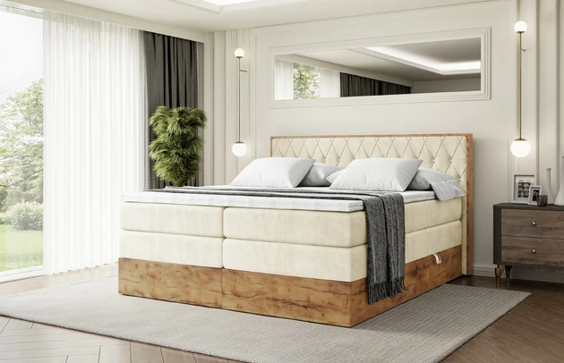 Bezug: Samt, Farbe: Beige - Monolith 4, Zimmer: Schlafzimmer, Länge: 210 cm, Breite: 151 cm, Höhe: 115 cm, Größe: 140x200 cm, Länge der Schlaffläche: 200 cm, Breite der Schlaffläche: 140 cm, Liegehöhe: 73 cm, Härtegrad der Matratze: h3-h4, Höhe der Matratze: 43 cm, Matratze: Multipocketfederung und Bonellfederung, Farbe des Toppers: Weiß, Höhe des Toppers: 5 cm, Material des Toppers: Schaumstoff, Bettkasten: Ja, Anzahl der Bettkasten: 2, Höhe des Bettkastens: 25 cm, Höhe des Kopfteils: 115 cm, Material der Füße: Plastik, Höhe der Füße: 2 cm, Dicke des Kopfteils: 8 cm, Dicke des Fußteils: 7 cm, Gepolsterte Rückseite: Nein, Stoffbeschreibung: Polsterstoff Monolith: Wasserabweisender und leicht zu reinigender Möbelstoff, scheuerfest (100.000 Martindale-Zyklen) lichtecht (5) und pillingarm (4-5), aus 100 % PES - 1