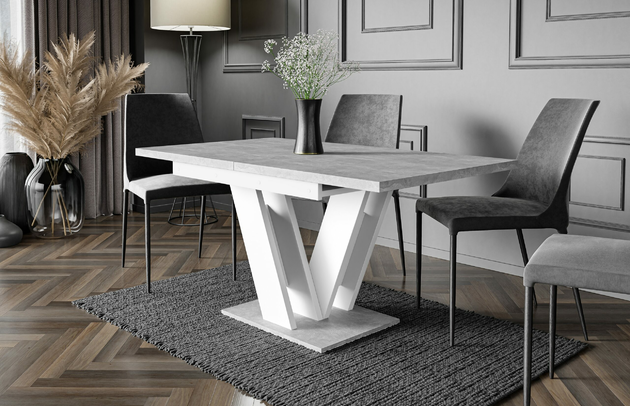 Zimmer: Esszimmer, Breite der Tischplatte: 120 cm, Ausgeklappter Tisch: 160 cm, Art des Gestells: V-Gestell, Form: rechteckig, Farbe der Tischplatte: Grau, Art der Erweiterung: Einlegeplatte, Oberflächenoptik: Betonoptik, Dicke der Tischplatte: 3,2 cm, Erweiterungselemente: 1, Anzahl der Beine: 1, Material der Gestells: Holzwerkstoff, Farbe: Weiß / Betonoptik, Farbe des Gestells: Weiß, Breite: 160 cm, Tiefe: 80 cm, Höhe: 75 cm, Art des Erweiterungs: Einlegeplatte, Material des Gestells: Holzwerkstoff - 1