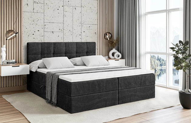 Stoffbeschreibung: Polsterstoff Casablanca: „Pet-friendly“, leicht zu reinigen (CleanBOO+), wasserabweisend mit Lotuseffekt, scheuerfest (45.000 Martindale- Zyklen), Gewicht 310g/m2 ±5 %, Zimmer: Schlafzimmer, Länge: 207 cm, Breite: 140 cm, Höhe: 105 cm, Länge der Schlaffläche: 200 cm, Breite der Schlaffläche: 140 cm, Liegehöhe: 55 cm, Höhe der Matratze: 20 cm, Matratze: Bonellfederung, Farbe des Toppers: Weiß, Höhe des Toppers: 5 cm, Material des Toppers: Schaumstoff, Bettkasten: Ja, Anzahl der Bettkasten: 2, Höhe des Bettkastens: 30 cm, Höhe des Kopfteils: 105 cm, Material der Füße: Plastik, Höhe der Füße: 2 cm, Dicke des Kopfteils: 8 cm, Dicke des Fußteils: 7 cm, Gepolsterte Rückseite: Nein, Größe: 140x200 cm, Farbe: Schwarz - Casablanca 2316, Bezug: Samt, Härtegrad der Matratze: H3 - 1