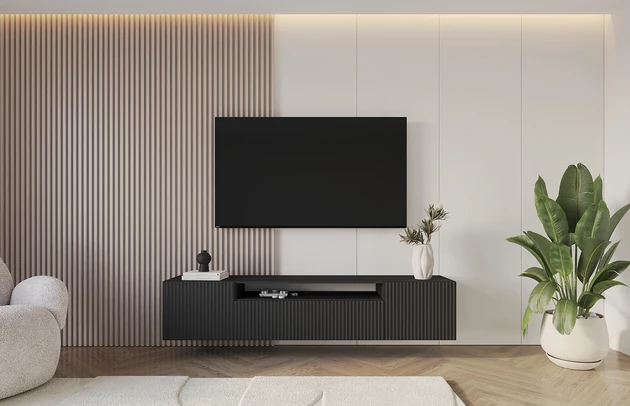 Material: Holzwerkstoff, Material der Rückwand: MDF, Ausführung: Hängend, Größe: 200 cm, Farbe: Schwarz, Zimmer: Wohnzimmer, Anzahl der Türen: 3, Front-Typ: Gefräste, Art der Griffe: Griffleiste, Art der Türen: Klapptür, Breite: 200 cm, Tiefe: 41 cm, Höhe: 40 cm, Geschlossene Fächer: 3, Offene Fächer: 1, Höhe der Füße: Nicht zutreffend, Anzahl der Teile: 1 - 1