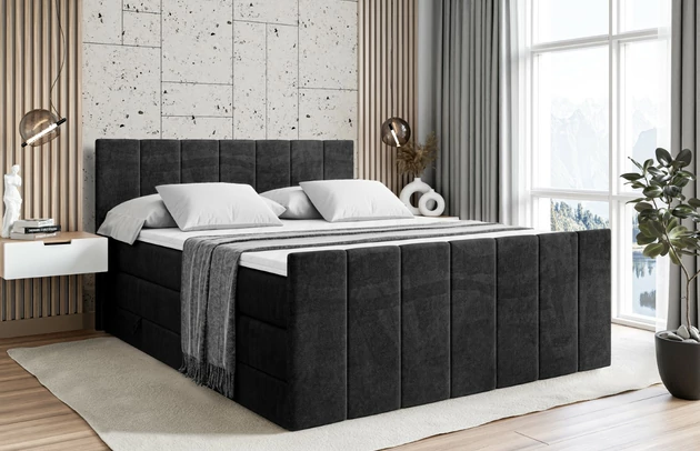 Stoffbeschreibung: Polsterstoff Casablanca: „Pet-friendly“, leicht zu reinigen (CleanBOO+), wasserabweisend mit Lotuseffekt, scheuerfest (45.000 Martindale- Zyklen), Gewicht 310g/m2 ±5 %, Bezug: Samt, Farbe: Schwarz - Casablanca 2316, Zimmer: Schlafzimmer, Länge: 215 cm, Breite: 180 cm, Höhe: 115 cm, Größe: 180x200 cm, Länge der Schlaffläche: 200 cm, Breite der Schlaffläche: 180 cm, Liegehöhe: 73 cm, Härtegrad der Matratze: H3 und H4, Höhe der Matratze: 38 cm, Matratze: Multipocketfederung und Bonellfederung, Farbe des Toppers: Weiß, Höhe des Toppers: 5 cm, Material des Toppers: Schaumstoff, Bettkasten: Ja, Anzahl der Bettkasten: 2, Höhe des Bettkastens: 30 cm, Höhe des Kopfteils: 115 cm, Material der Füße: Plastik, Höhe der Füße: 2 cm, Dicke des Kopfteils: 8 cm, Dicke des Fußteils: 7 cm, Gepolsterte Rückseite: Nein - 1