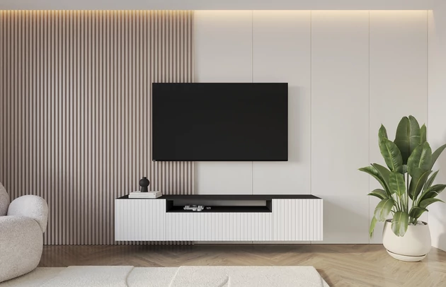Material: Holzwerkstoff, Material der Rückwand: MDF, Ausführung: Hängend, Größe: 200 cm, Farbe: Schwarz und Weiß, Zimmer: Wohnzimmer, Anzahl der Türen: 3, Front-Typ: Gefräste, Art der Griffe: Griffleiste, Art der Türen: Klapptür, Breite: 200 cm, Tiefe: 41 cm, Höhe: 40 cm, Geschlossene Fächer: 3, Offene Fächer: 1, Anzahl der Teile: 1 - 1