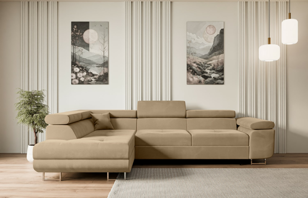 Bezug: Samt, Farbe: Beige - Kronos 35, Material: Holzwerkstoff, Stellvariante: Ottomane Links, Stoffbeschreibung: KRONOS: Scheuerfester (50.000 Martindale-Zyklen), flauschiger Möbelstoff mit weicher Plüschoberfläche, lichtecht (5), reibecht (4-5), pillingarm (4). Gewicht 275 g/m2 ±5%., Materialzusammensetzung: 100% Polyseter, Pilling Resistenz: 5, Abriebfestigkeit: 5, Scheuerbeständigkeit: 50000 Martindale-Zyklen, Ausstattung: Kissen, Zimmer: Wohnzimmer, Stil: Modern, Tiefe: 202 cm, Breite: 272 cm, Höhe: 107 cm, Länge der Schlaffläche: 195 cm, Breite der Schlaffläche: 125-cm, Liegehöhe: 43 cm, Anzahl der Sitzflächen: 4, Sitzfüllung: Wellenfeder + HR35 und T30-Schaum, Art der Rückenkissen: Rückenlehne - feste, Annzahl der Sitzkissen: 3, Anzahl der Zierkissen: 1, Material der Füße: Chrom/Kunststoff, Höhe der Füße: 9 cm, Farbe der Füße: Silberfarben, Tiefe der Armlehnen: 98 cm, Breite der Armlehnen: 28 cm, Höhe der Armlehnen: 63 cm, Breite der Ottomane: 100 cm, Tiefe der Ottomane: 155 cm, Tiefe der Sitzfläche: 70 cm, Sitzhöhe: 43 cm, Art des Stauraumes: Innenfach geschlossen - 1