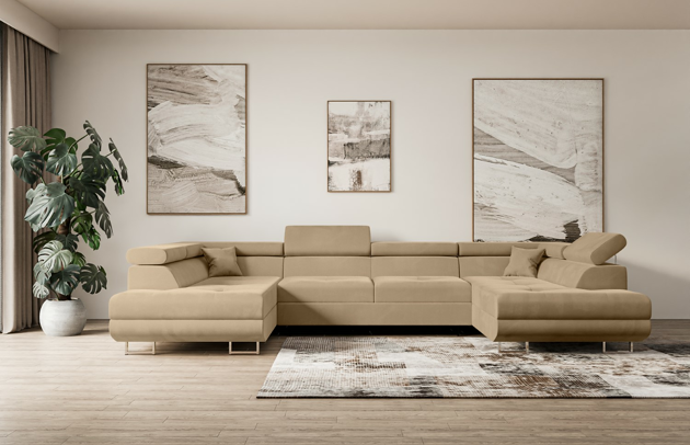 Bezug: Samt, Farbe: Beige - Kronos 35, Material: Holzwerkstoff, Stellvariante: U-Form, Stoffbeschreibung: KRONOS: Scheuerfester (50.000 Martindale-Zyklen), flauschiger Möbelstoff mit weicher Plüschoberfläche, lichtecht (5), reibecht (4-5), pillingarm (4). Gewicht 275 g/m2 ±5%., Materialzusammensetzung: 100% Polyseter, Pilling Resistenz: 5, Abriebfestigkeit: 5, Scheuerbeständigkeit: 50000 Martindale-Zyklen, Ausstattung: Kissen, Zimmer: Wohnzimmer, Stil: Modern, Tiefe: 202 cm, Breite: 342 cm, Höhe: 107 cm, Länge der Schlaffläche: 250 cm, Breite der Schlaffläche: 125 cm, Liegehöhe: 43 cm, Anzahl der Sitzflächen: 6, Sitzfüllung: Wellenfeder + HR35 und T30-Schaum, Art der Rückenkissen: Rückenlehne - feste, Annzahl der Sitzkissen: 4, Anzahl der Zierkissen: 2, Material der Füße: Chrom/Kunststoff, Höhe der Füße: 9 cm, Farbe der Füße: Silberfarben, Tiefe der Armlehnen: 98 cm, Breite der Armlehnen: 28 cm, Höhe der Armlehnen: 63 cm, Breite der Ottomane: 100 cm, Tiefe der Ottomane: 155 cm, Tiefe der Sitzfläche: 70 cm, Sitzhöhe: 43 cm, Art des Stauraumes: Innenfach geschlossen, Schlaffunktion: Mit Schlaffunktion - 1
