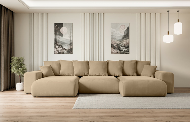 Bezug: Samt, Farbe: Beige - Kronos 35, Material: Holzwerkstoff, Stellvariante: U-Form, Stoffbeschreibung: KRONOS: Scheuerfester (50.000 Martindale-Zyklen), flauschiger Möbelstoff mit weicher Plüschoberfläche, lichtecht (5), reibecht (4-5), pillingarm (4). Gewicht 275 g/m2 ±5%., Materialzusammensetzung: 100% Polyseter, Pilling Resistenz: 5, Abriebfestigkeit: 5, Scheuerbeständigkeit: 50000 Martindale-Zyklen, Ausstattung: Kissen, Zimmer: Wohnzimmer, Tiefe: 176 cm, Breite: 364 cm, Höhe: 72 cm, Länge der Schlaffläche: 295 cm, Breite der Schlaffläche: 150 cm, Liegehöhe: 45 cm, Anzahl der Sitzflächen: 6, Sitzfüllung: Wellenfeder + HR35 und T30-Schaum, Anzahl der Rückenkissen: 7, Art der Rückenkissen: Rückenkissen, Annzahl der Sitzkissen: 3, Anzahl der Zierkissen: 2, Material der Füße: Kunststoff, Höhe der Füße: 4,5 cm, Farbe der Füße: Schwarz, Tiefe der Armlehnen: 126 cm, Breite der Armlehnen: 32 cm, Höhe der Armlehnen: 57 cm, Breite der Ottomane: 100 cm, Tiefe der Ottomane: 160 cm, Tiefe der Sitzfläche: 116 cm, Sitzhöhe: 45 cm, Art des Stauraumes: Innenfach geschlossen, Schlaffunktion: Mit Schlaffunktion - 1