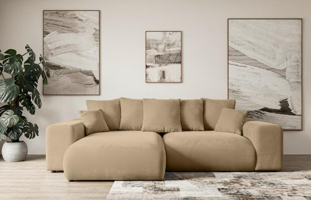 Bezug: Samt, Farbe: Beige - Kronos 35, Stellvariante: Ottomane Links, Stoffbeschreibung: KRONOS: Scheuerfester (50.000 Martindale-Zyklen), flauschiger Möbelstoff mit weicher Plüschoberfläche, lichtecht (5), reibecht (4-5), pillingarm (4). Gewicht 275 g/m2 ±5%., Materialzusammensetzung: 100% Polyseter, Pilling Resistenz: 5, Abriebfestigkeit: 4, Scheuerbeständigkeit: 50000 Martindale-Zyklen, Ausstattung: Kissen, Zimmer: Wohnzimmer, Tiefe: 176 cm, Breite: 266 cm, Höhe: 72 cm, Länge der Schlaffläche: 196 cm, Breite der Schlaffläche: 150 cm, Liegehöhe: 45 cm, Anzahl der Sitzflächen: 4, Sitzfüllung: Wellenfeder, Anzahl der Rückenkissen: 5, Art der Rückenkissen: Rückenkissen, Annzahl der Sitzkissen: 2, Anzahl der Zierkissen: 2, Material der Füße: Kunststoff, Höhe der Füße: 5 cm, Farbe der Füße: Schwarz, Tiefe der Armlehnen: 126 cm, Breite der Armlehnen: 32 cm, Höhe der Armlehnen: 57 cm, Breite der Ottomane: 100 cm, Tiefe der Ottomane: 160 cm, Tiefe der Sitzfläche: 116 cm, Sitzhöhe: 45 cm, Art des Stauraumes: Innenfach geschlossen, Schlaffunktion: Mit Schlaffunktion - 1