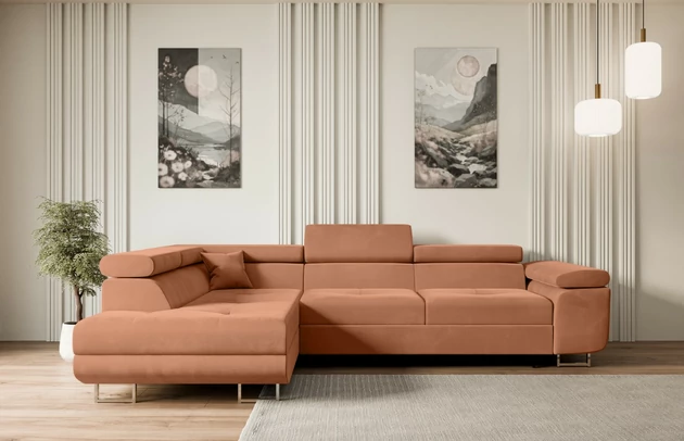 Bezug: Samt, Farbe: Apricot - Kronos 41, Material: Holzwerkstoff, Stellvariante: Ottomane Links, Materialzusammensetzung: 100% Polyseter, Pilling Resistenz: 5, Abriebfestigkeit: 5, Scheuerbeständigkeit: 50000 Martindale-Zyklen, Ausstattung: Kissen, Zimmer: Wohnzimmer, Stil: Modern, Tiefe: 202 cm, Breite: 272 cm, Höhe: 107 cm, Liegehöhe: 43 cm, Sitzfüllung: Wellenfeder + HR35 und T30-Schaum, Sitzhöhe: 43 cm, Stoffbeschreibung: KRONOS: Scheuerfester (50.000 Martindale-Zyklen), flauschiger Möbelstoff mit weicher Plüschoberfläche, lichtecht (5), reibecht (4-5), pillingarm (4). Gewicht 275 g/m2 ±5%., Annzahl der Sitzkissen: 3, Anzahl der Sitzflächen: 4, Anzahl der Zierkissen: 1, Art der Rückenkissen: Rückenlehne - feste, Art des Stauraumes: Innenfach geschlossen, Breite der Armlehnen: 28 cm, Breite der Ottomane: 100 cm, Breite der Schlaffläche: 125-cm, Farbe der Füße: Silberfarben, Höhe der Armlehnen: 63 cm, Höhe der Füße: 9 cm, Material der Füße: Chrom/Kunststoff, Länge der Schlaffläche: 195 cm, Tiefe der Armlehnen: 98 cm, Tiefe der Sitzfläche: 70 cm, Tiefe der Ottomane: 155 cm - 1