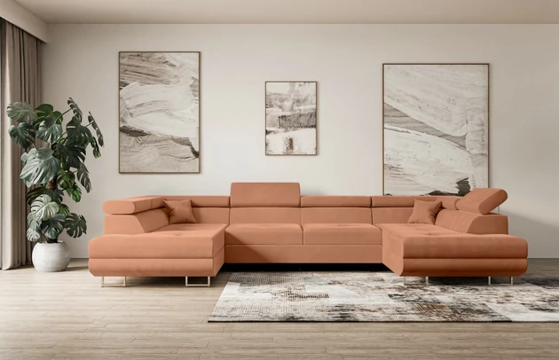 Bezug: Samt, Farbe: Apricot - Kronos 41, Material: Holzwerkstoff, Stellvariante: U-Form, Materialzusammensetzung: 100% Polyseter, Pilling Resistenz: 5, Abriebfestigkeit: 5, Scheuerbeständigkeit: 50000 Martindale-Zyklen, Ausstattung: Kissen, Zimmer: Wohnzimmer, Stil: Modern, Tiefe: 202 cm, Breite: 342 cm, Höhe: 107 cm, Liegehöhe: 43 cm, Sitzfüllung: Wellenfeder + HR35 und T30-Schaum, Sitzhöhe: 43 cm, Stoffbeschreibung: KRONOS: Scheuerfester (50.000 Martindale-Zyklen), flauschiger Möbelstoff mit weicher Plüschoberfläche, lichtecht (5), reibecht (4-5), pillingarm (4). Gewicht 275 g/m2 ±5%., Annzahl der Sitzkissen: 4, Anzahl der Sitzflächen: 6, Anzahl der Zierkissen: 2, Art der Rückenkissen: Rückenlehne - feste, Art des Stauraumes: Innenfach geschlossen, Breite der Armlehnen: 28 cm, Breite der Ottomane: 100 cm, Breite der Schlaffläche: 125-cm, Farbe der Füße: Silberfarben, Höhe der Armlehnen: 63 cm, Höhe der Füße: 9 cm, Material der Füße: Chrom/Kunststoff, Länge der Schlaffläche: 250 cm, Tiefe der Armlehnen: 98 cm, Tiefe der Sitzfläche: 70 cm, Tiefe der Ottomane: 155 cm - 1