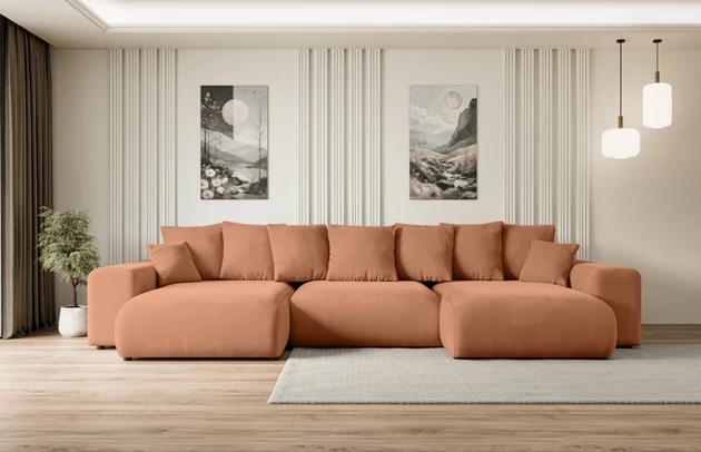 Bezug: Samt, Farbe: Apricot - Kronos 41, Material: Holzwerkstoff, Stellvariante: U-Form, Stoffbeschreibung: KRONOS: Scheuerfester (50.000 Martindale-Zyklen), flauschiger Möbelstoff mit weicher Plüschoberfläche, lichtecht (5), reibecht (4-5), pillingarm (4). Gewicht 275 g/m2 ±5%., Materialzusammensetzung: 100% Polyseter, Pilling Resistenz: 5, Abriebfestigkeit: 5, Scheuerbeständigkeit: 50000 Martindale-Zyklen, Ausstattung: Kissen, Zimmer: Wohnzimmer, Tiefe: 176 cm, Breite: 364 cm, Höhe: 72 cm, Länge der Schlaffläche: 295 cm, Breite der Schlaffläche: 150-cm, Liegehöhe: 45 cm, Anzahl der Sitzflächen: 6, Sitzfüllung: Wellenfeder + HR35 und T30-Schaum, Anzahl der Rückenkissen: 7, Art der Rückenkissen: Rückenkissen, Annzahl der Sitzkissen: 3, Anzahl der Zierkissen: 2, Material der Füße: Kunststoff, Höhe der Füße: 4,5 cm, Farbe der Füße: Schwarz, Tiefe der Armlehnen: 126 cm, Breite der Armlehnen: 32 cm, Höhe der Armlehnen: 57 cm, Breite der Ottomane: 100 cm, Tiefe der Ottomane: 160 cm, Tiefe der Sitzfläche: 116 cm, Sitzhöhe: 45 cm, Art des Stauraumes: Innenfach geschlossen - 1