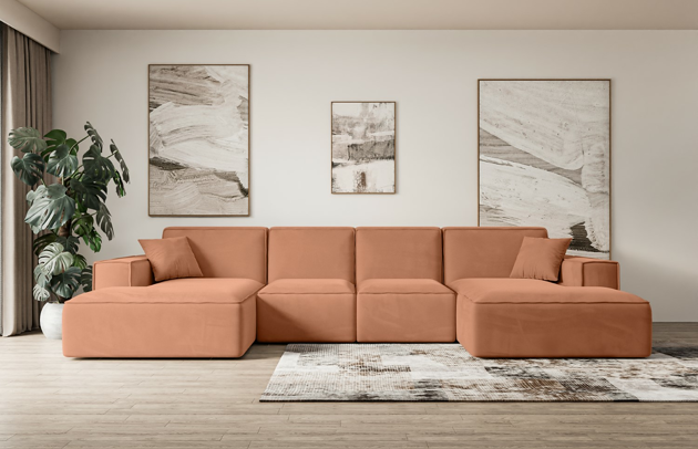Bezug: Samt, Farbe: Apricot - Kronos 41, Stellvariante: U-Form, Stoffbeschreibung: KRONOS: Scheuerfester (50.000 Martindale-Zyklen), flauschiger Möbelstoff mit weicher Plüschoberfläche, lichtecht (5), reibecht (4-5), pillingarm (4). Gewicht 275 g/m2 ±5%., Materialzusammensetzung: 100% Polyseter, Pilling Resistenz: 5, Abriebfestigkeit: 5, Scheuerbeständigkeit: 50000 Martindale-Zyklen, Ausstattung: Kissen, Zimmer: Wohnzimmer, Tiefe: 169 cm, Breite: 349 cm, Höhe: 80 cm, Schlaffunktion: Ohne Schlaffunktion, Länge der Schlaffläche: Nicht zutreffend, Breite der Schlaffläche: Nicht zutreffend, Liegehöhe: Nicht zutreffend, Anzahl der Sitzflächen: 6, Sitzfüllung: Wellenfeder + HR35 und T30-Schaum, Anzahl der Rückenkissen: 4, Art der Rückenkissen: Rückenlehne - feste, Annzahl der Sitzkissen: 4, Anzahl der Zierkissen: 2, Tiefe der Armlehnen: 94 cm, Breite der Armlehnen: 25 cm, Höhe der Armlehnen: 56 cm, Breite der Ottomane: 109 cm, Tiefe der Ottomane: 143 cm, Tiefe der Sitzfläche: 65 cm, Sitzhöhe: 41 cm, Art des Stauraumes: Nicht zutreffend - 1