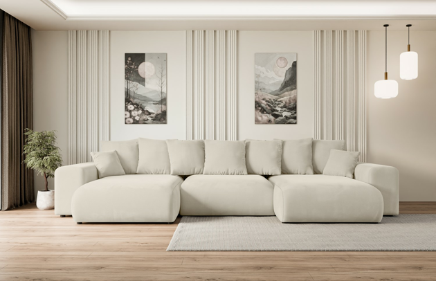 Bezug: Samt, Farbe: Beige - Paros 01, Material: Holzwerkstoff, Stellvariante: U-Form, Stoffbeschreibung: PAROS ist ein sehr weicher Möbelstoff mit einer angenehmen Haptik. (50.000 Martindale-Zyklen) 100 % PES, pillingarm(4-5), reibecht(4-5), lichtecht(6|7), Gewicht 260 g/m² ±5 %, Materialzusammensetzung: 100% Polyseter, Pilling Resistenz: 5, Abriebfestigkeit: 5, Scheuerbeständigkeit: 50000 Martindale-Zyklen, Ausstattung: Kissen, Zimmer: Wohnzimmer, Tiefe: 176 cm, Breite: 364 cm, Höhe: 72 cm, Länge der Schlaffläche: 295 cm, Breite der Schlaffläche: 150 cm, Liegehöhe: 45 cm, Anzahl der Sitzflächen: 6, Sitzfüllung: Wellenfeder + HR35 und T30-Schaum, Anzahl der Rückenkissen: 7, Art der Rückenkissen: Rückenkissen, Annzahl der Sitzkissen: 3, Anzahl der Zierkissen: 2, Material der Füße: Kunststoff, Höhe der Füße: 4,5 cm, Farbe der Füße: Schwarz, Tiefe der Armlehnen: 126 cm, Breite der Armlehnen: 32 cm, Höhe der Armlehnen: 57 cm, Breite der Ottomane: 100 cm, Tiefe der Ottomane: 160 cm, Tiefe der Sitzfläche: 116 cm, Sitzhöhe: 45 cm, Art des Stauraumes: Innenfach geschlossen, Schlaffunktion: Mit Schlaffunktion - 1