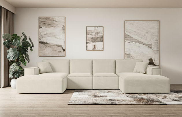 Bezug: Samt, Farbe: Beige - Paros 01, Stellvariante: U-Form, Stoffbeschreibung: paros-ist-ein-sehr-weicher-mobelstoff-mit-einer-angenehmen-haptik-50-000-martindale-zyklen-100-pes-pillingarm4-5-reibecht4-5-lichtecht67-gewicht-260-g-m2-±5, Materialzusammensetzung: 100% Polyseter, Pilling Resistenz: 5, Abriebfestigkeit: 5, Scheuerbeständigkeit: 50000 Martindale-Zyklen, Ausstattung: Kissen, Zimmer: Wohnzimmer, Tiefe: 169 cm, Breite: 349 cm, Höhe: 80 cm, Schlaffunktion: Ohne Schlaffunktion, Länge der Schlaffläche: Nicht zutreffend, Breite der Schlaffläche: Nicht zutreffend, Liegehöhe: Nicht zutreffend, Anzahl der Sitzflächen: 6, Anzahl der Rückenkissen: 4, Art der Rückenkissen: Rückenlehne - feste, Annzahl der Sitzkissen: 4, Anzahl der Zierkissen: 2, Tiefe der Armlehnen: 94 cm, Breite der Armlehnen: 25 cm, Höhe der Armlehnen: 56 cm, Breite der Ottomane: 109 cm, Tiefe der Ottomane: 143 cm, Tiefe der Sitzfläche: 65 cm, Sitzhöhe: 41 cm, Art des Stauraumes: Nicht zutreffend - 1