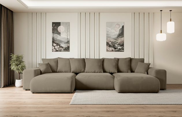 Bezug: Samt, Farbe: Braun - Paros 03, Material: Holzwerkstoff, Stellvariante: U-Form, Stoffbeschreibung: PAROS ist ein sehr weicher Möbelstoff mit einer angenehmen Haptik. (50.000 Martindale-Zyklen) 100 % PES, pillingarm(4-5), reibecht(4-5), lichtecht(6|7), Gewicht 260 g/m² ±5 %, Materialzusammensetzung: 100% Polyseter, Pilling Resistenz: 5, Abriebfestigkeit: 5, Scheuerbeständigkeit: 50000 Martindale-Zyklen, Ausstattung: Kissen, Zimmer: Wohnzimmer, Tiefe: 176 cm, Breite: 364 cm, Höhe: 72 cm, Länge der Schlaffläche: 295 cm, Breite der Schlaffläche: 150 cm, Liegehöhe: 45 cm, Anzahl der Sitzflächen: 6, Sitzfüllung: Wellenfeder + HR35 und T30-Schaum, Anzahl der Rückenkissen: 7, Art der Rückenkissen: Rückenkissen, Annzahl der Sitzkissen: 3, Anzahl der Zierkissen: 2, Material der Füße: Kunststoff, Höhe der Füße: 4,5 cm, Farbe der Füße: Schwarz, Tiefe der Armlehnen: 126 cm, Breite der Armlehnen: 32 cm, Höhe der Armlehnen: 57 cm, Breite der Ottomane: 100 cm, Tiefe der Ottomane: 160 cm, Tiefe der Sitzfläche: 116 cm, Sitzhöhe: 45 cm, Art des Stauraumes: Innenfach geschlossen, Schlaffunktion: Mit Schlaffunktion - 1